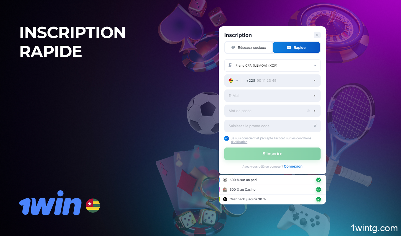 L'inscription rapide à 1win permet aux utilisateurs togolais d'accéder à toutes les caractéristiques et fonctionnalités de la plateforme