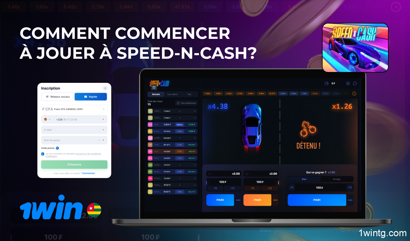 Pour commencer à jouer à Speed-n-Cash sur 1win, inscrivez-vous, effectuez un dépôt, sélectionnez un jeu, ajustez votre mise et effectuez vos retraits à temps pour la fin du tour