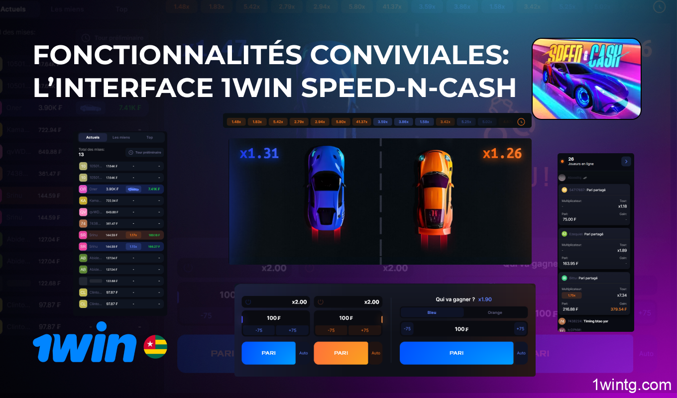 L'interface de 1win Speed-n-Cash comprend des panneaux pour les paris actifs, l'historique des actions, les statistiques de jeu et un salon de discussion pour la socialisation